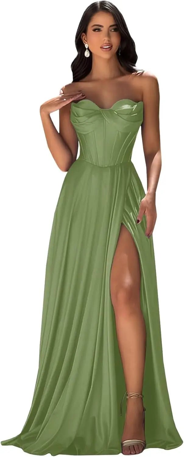 Chicbridal Women's Strapless Prom Dress Satin A-Line Long Ball Gown Sweetheart Corset Formal Dress with Pockets And Side Slit - Luzilly Bridal & Apparel