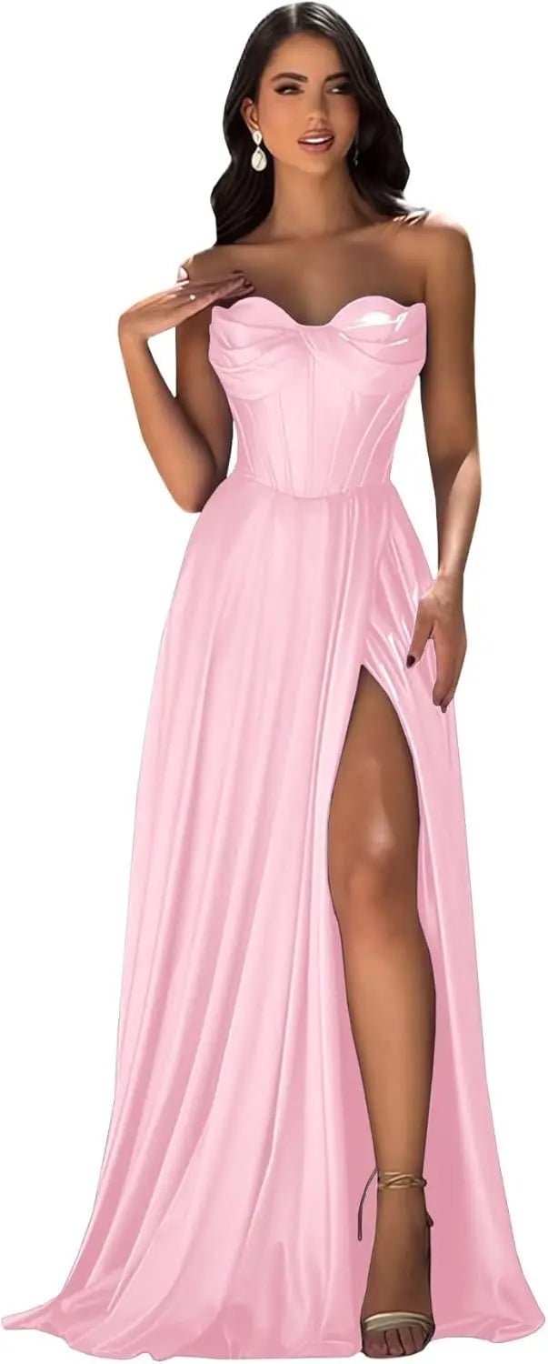 Chicbridal Women's Strapless Prom Dress Satin A-Line Long Ball Gown Sweetheart Corset Formal Dress with Pockets And Side Slit - Luzilly Bridal & Apparel