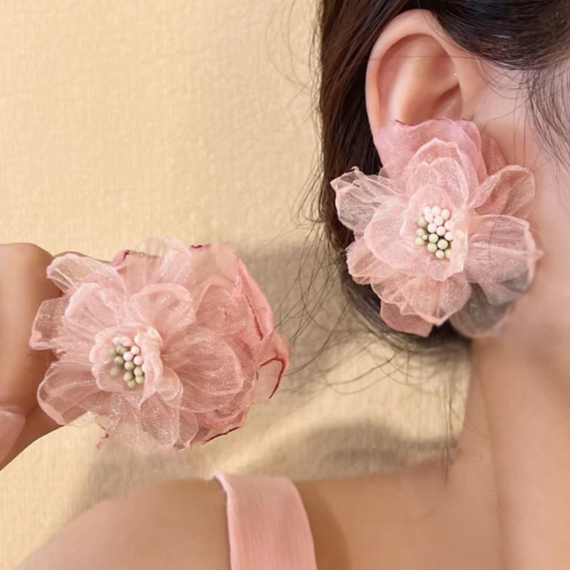 Chiffon Lace Flower Clip-On Earrings - Luzilly Bridal & Apparel
