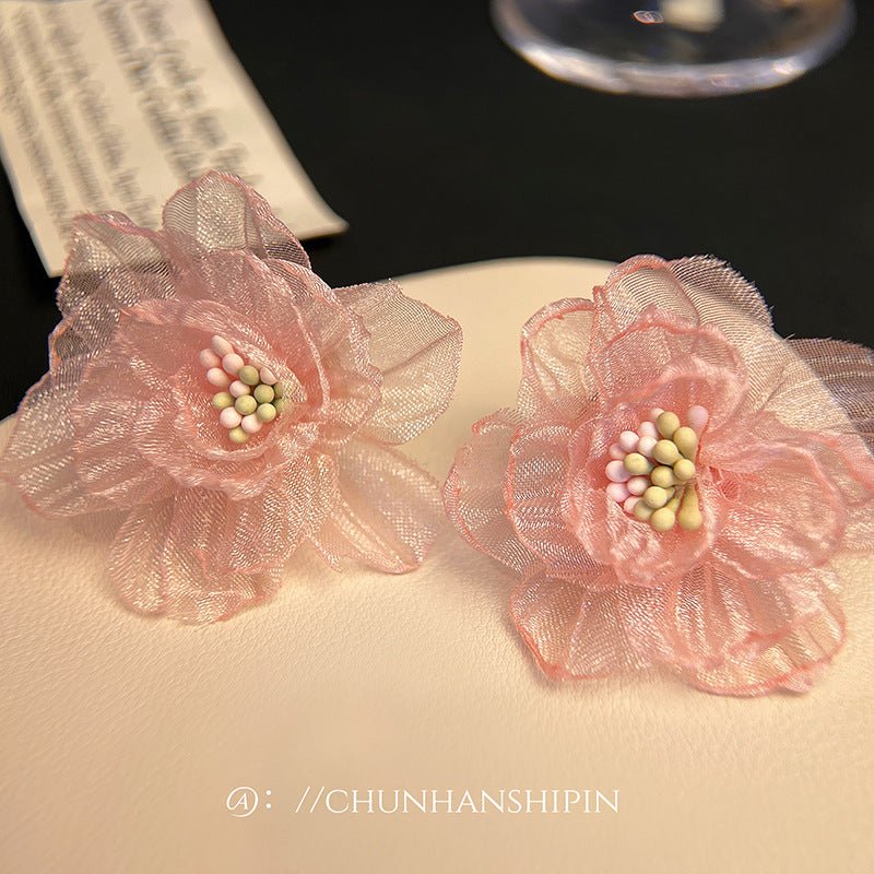 Chiffon Lace Flower Clip-On Earrings - Luzilly Bridal & Apparel