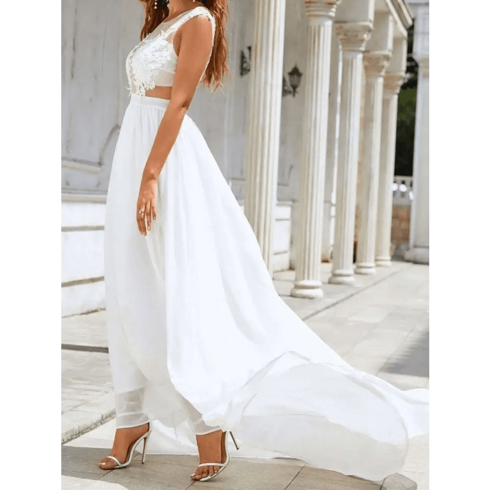 Chiffon Lace Trailing Wedding Dress with Full Skirt - Luzilly Bridal & Apparel