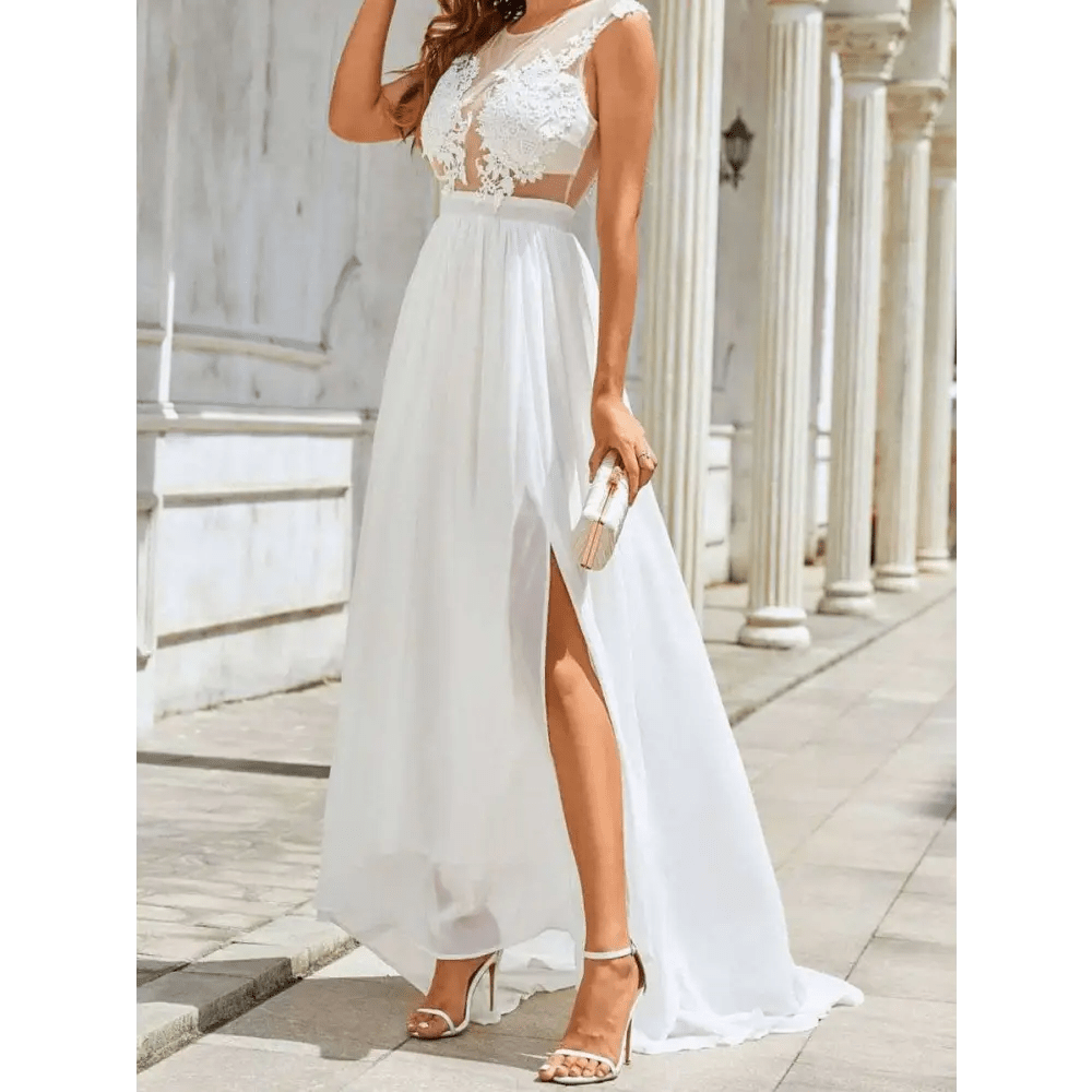 Chiffon Lace Trailing Wedding Dress with Full Skirt - Luzilly Bridal & Apparel