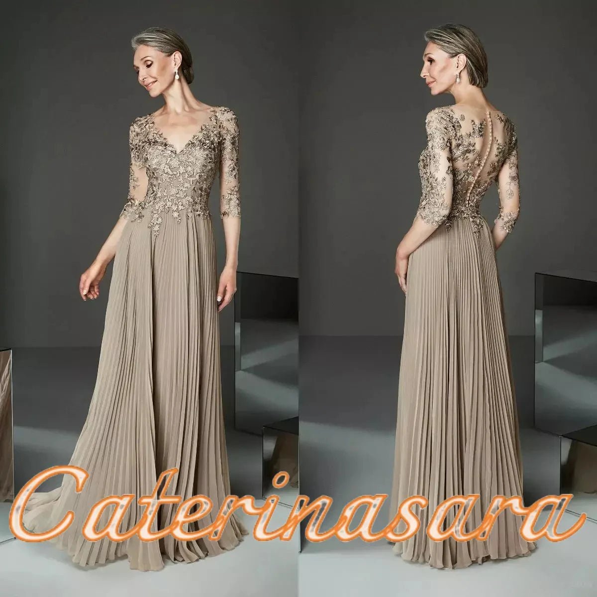 Chiffon Mother of the Bride Dress with Lace Appliqué Sleeves - Luzilly Bridal & Apparel