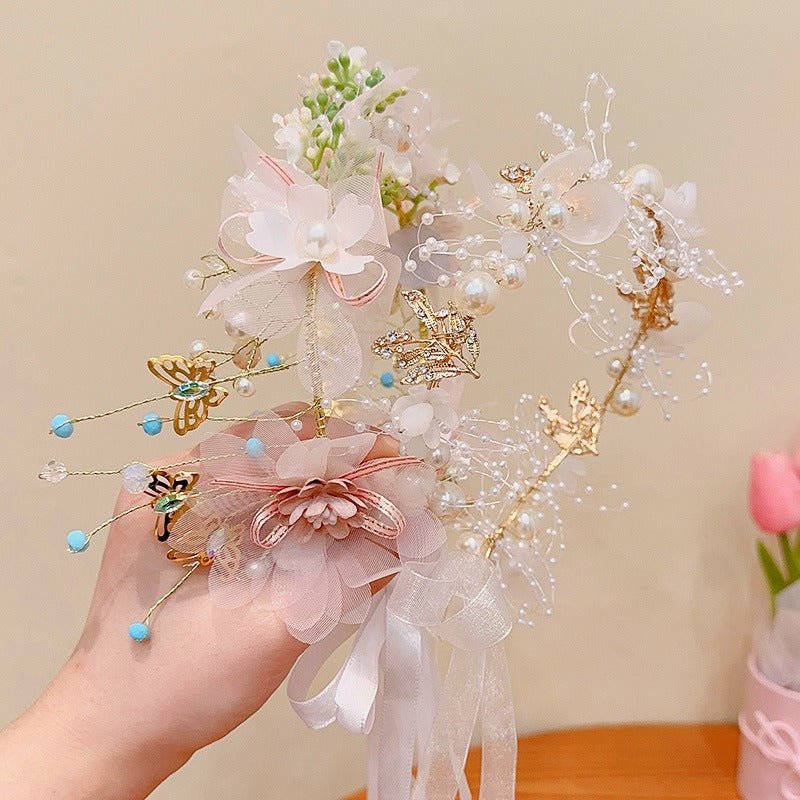Childrens Headwear Princess Flower Ring Girl Pearl Butterfly Hair Band Wedding Flower Childrens Head Band Girls Head Flower - Luzilly Bridal & Apparel