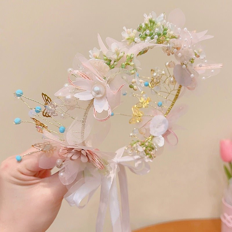 Childrens Headwear Princess Flower Ring Girl Pearl Butterfly Hair Band Wedding Flower Childrens Head Band Girls Head Flower - Luzilly Bridal & Apparel