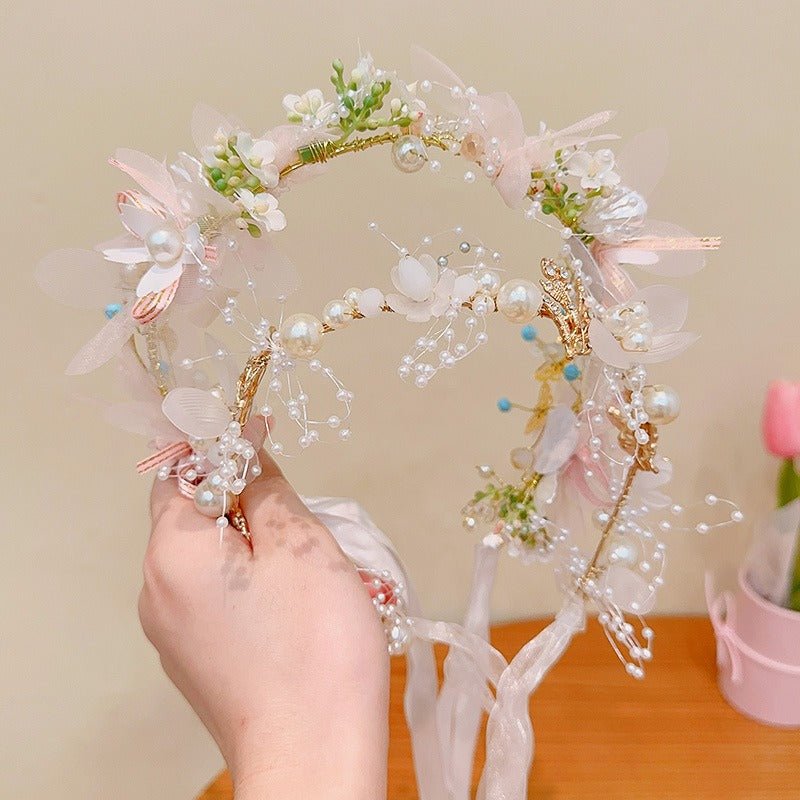 Childrens Headwear Princess Flower Ring Girl Pearl Butterfly Hair Band Wedding Flower Childrens Head Band Girls Head Flower - Luzilly Bridal & Apparel