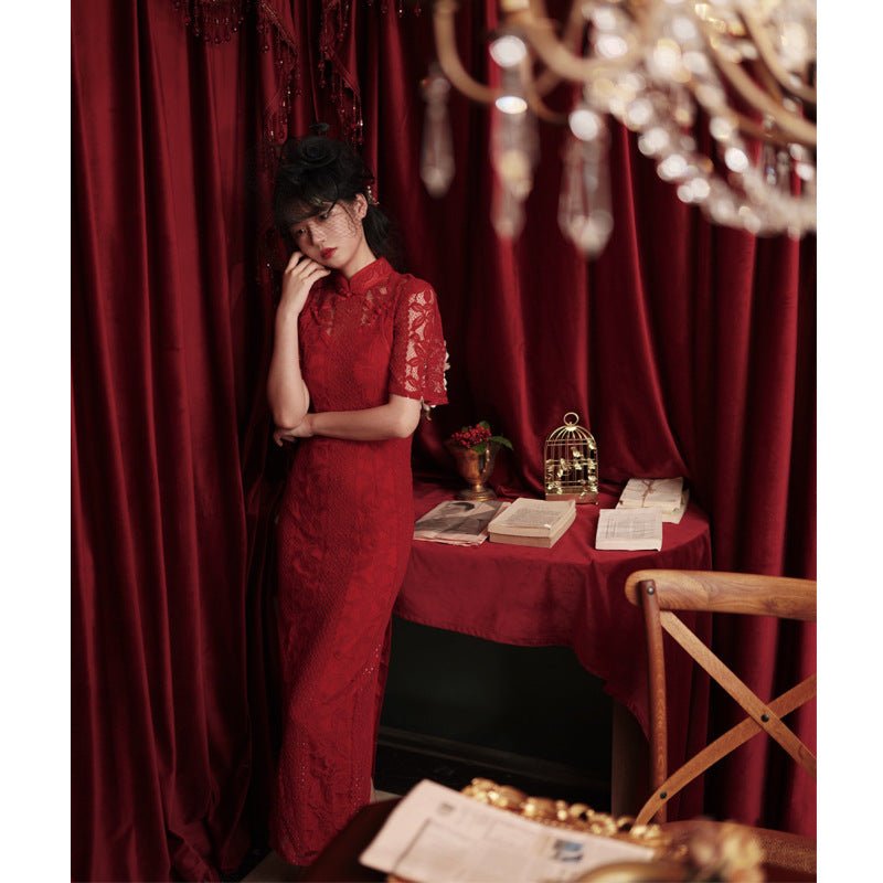 Chinese Style Red Lace Bridal Wedding Toast Dress - Luzilly Bridal & Apparel