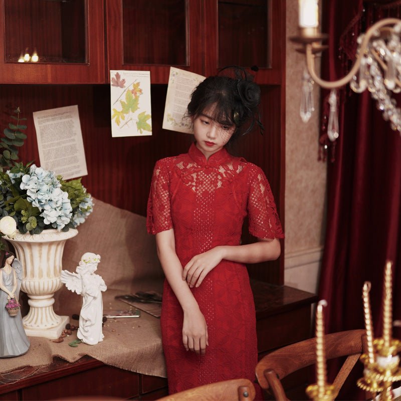 Chinese Style Red Lace Bridal Wedding Toast Dress - Luzilly Bridal & Apparel