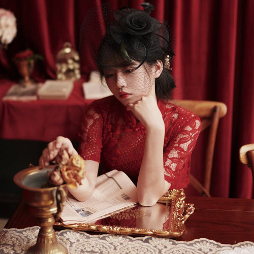 Chinese Style Red Lace Bridal Wedding Toast Dress - Luzilly Bridal & Apparel