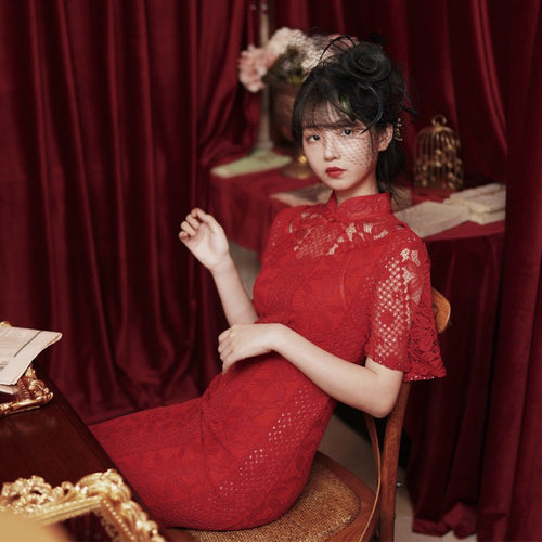 Chinese Style Red Lace Bridal Wedding Toast Dress - Luzilly Bridal & Apparel