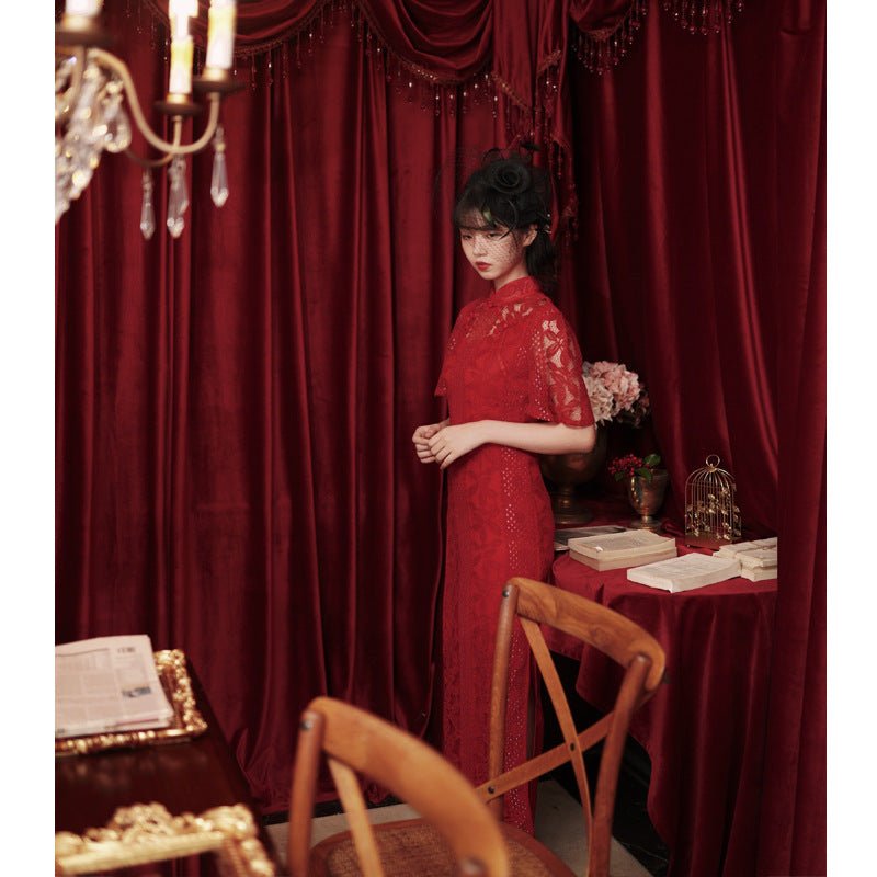 Chinese Style Red Lace Bridal Wedding Toast Dress - Luzilly Bridal & Apparel