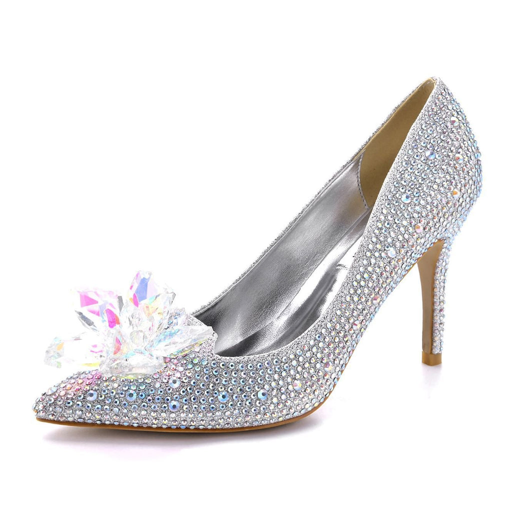 Cinderella Crystal Shoes Pointed Toe Stiletto Pumps Women's High Heels Silver Rhinestone Wedding Shoes - Luzilly Bridal & Apparel
