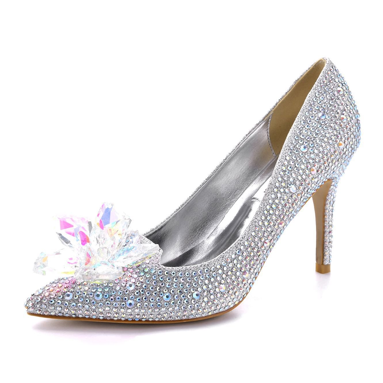 Cinderella Crystal Shoes Pointed Toe Stiletto Pumps Women's High Heels Silver Rhinestone Wedding Shoes - Luzilly Bridal & Apparel