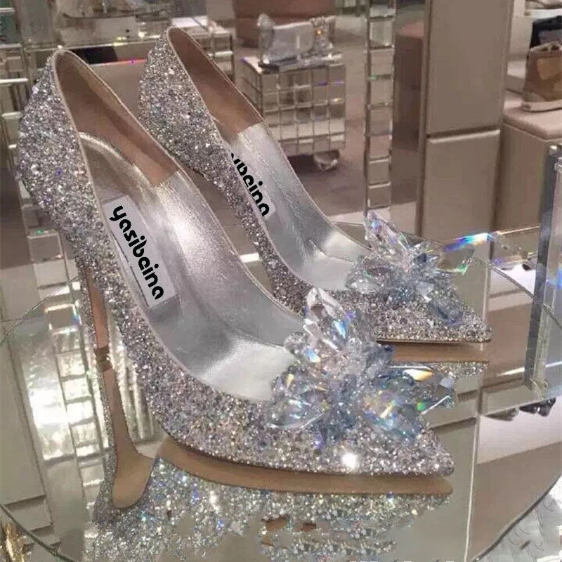 Cinderella Crystal Shoes Pointed Toe Stiletto Pumps Women's High Heels Silver Rhinestone Wedding Shoes - Luzilly Bridal & Apparel