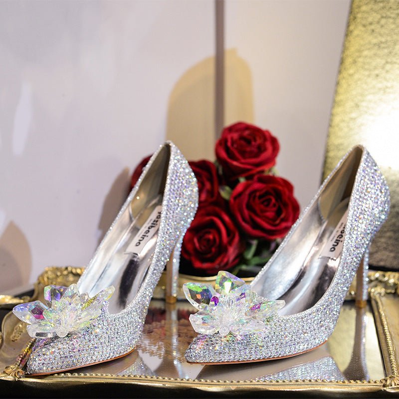 Cinderella Crystal Shoes Pointed Toe Stiletto Pumps Women's High Heels Silver Rhinestone Wedding Shoes - Luzilly Bridal & Apparel