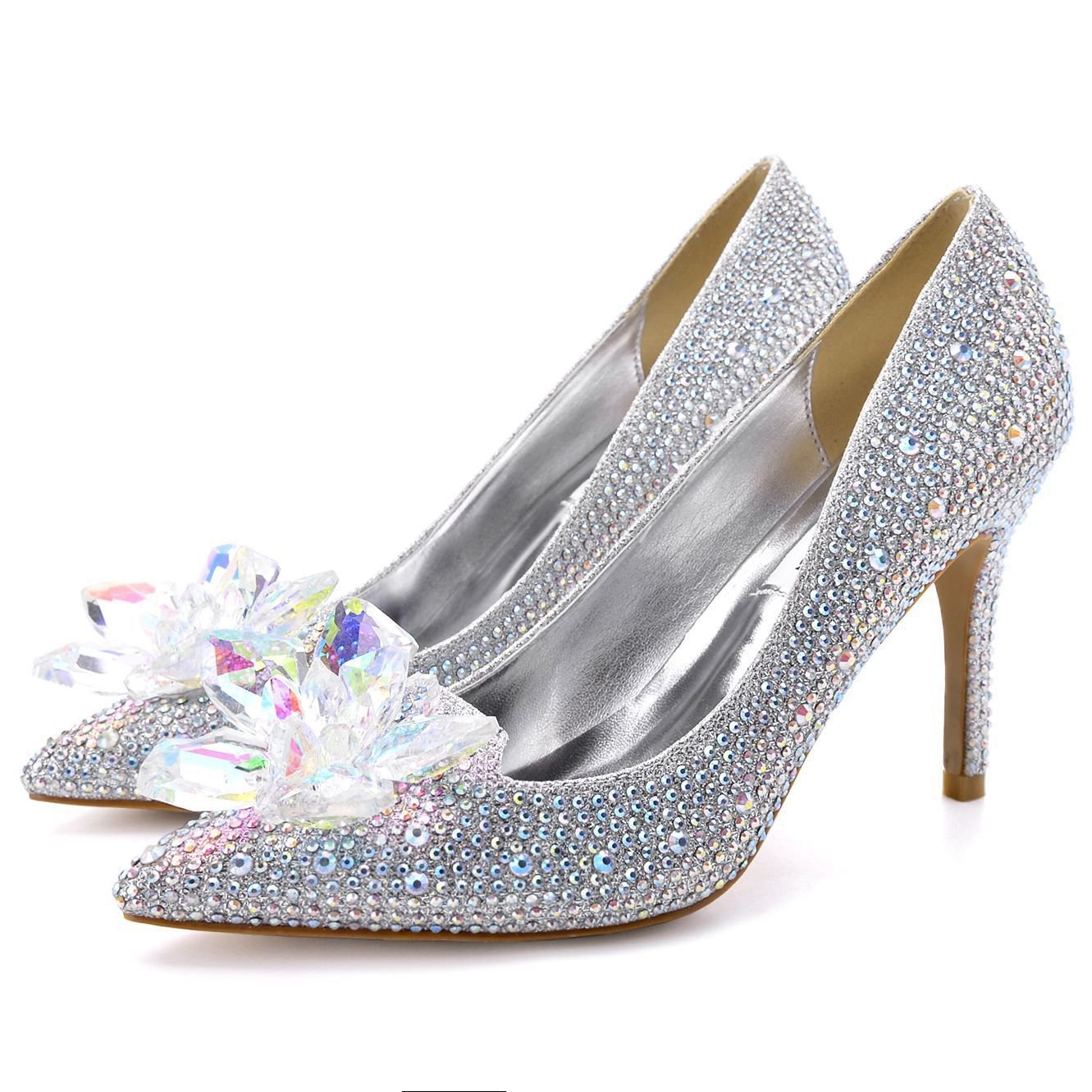 Cinderella Crystal Shoes Pointed Toe Stiletto Pumps Women's High Heels Silver Rhinestone Wedding Shoes - Luzilly Bridal & Apparel