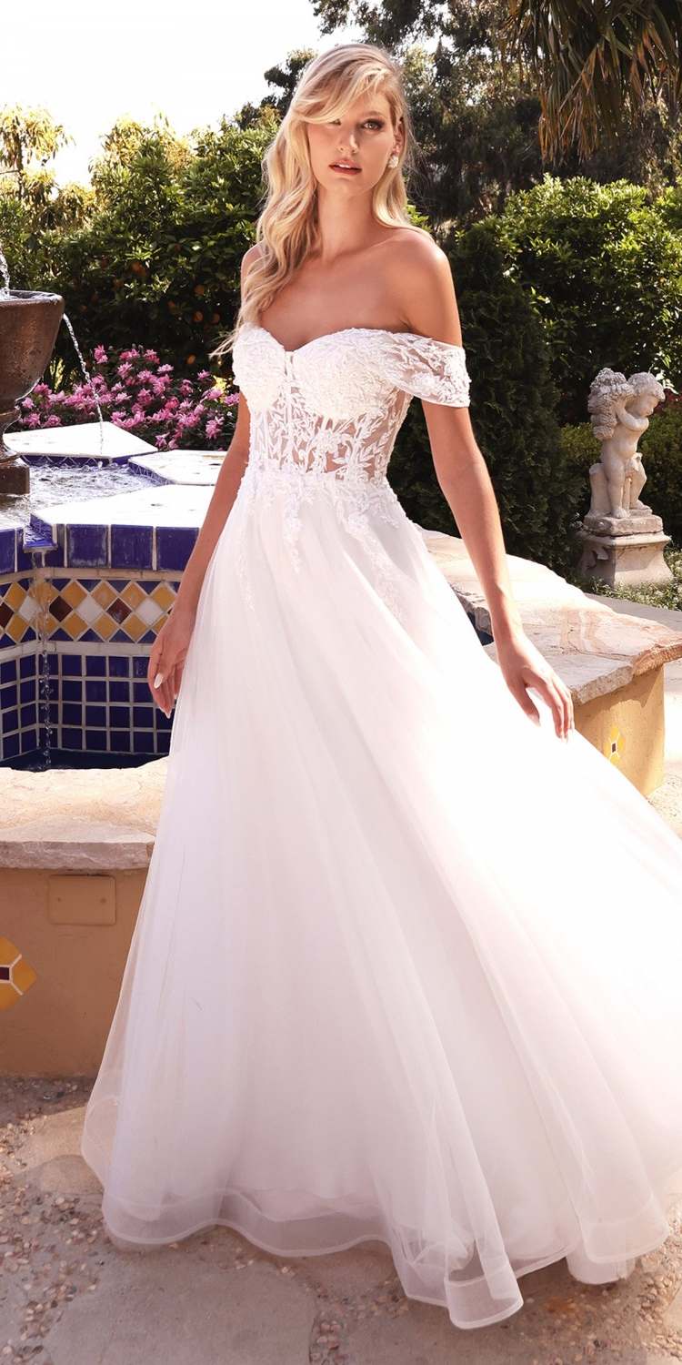 Cinderella Divine CD961W Long Lace Off the Shoulder Bridal Gown - Luzilly Bridal & Apparel