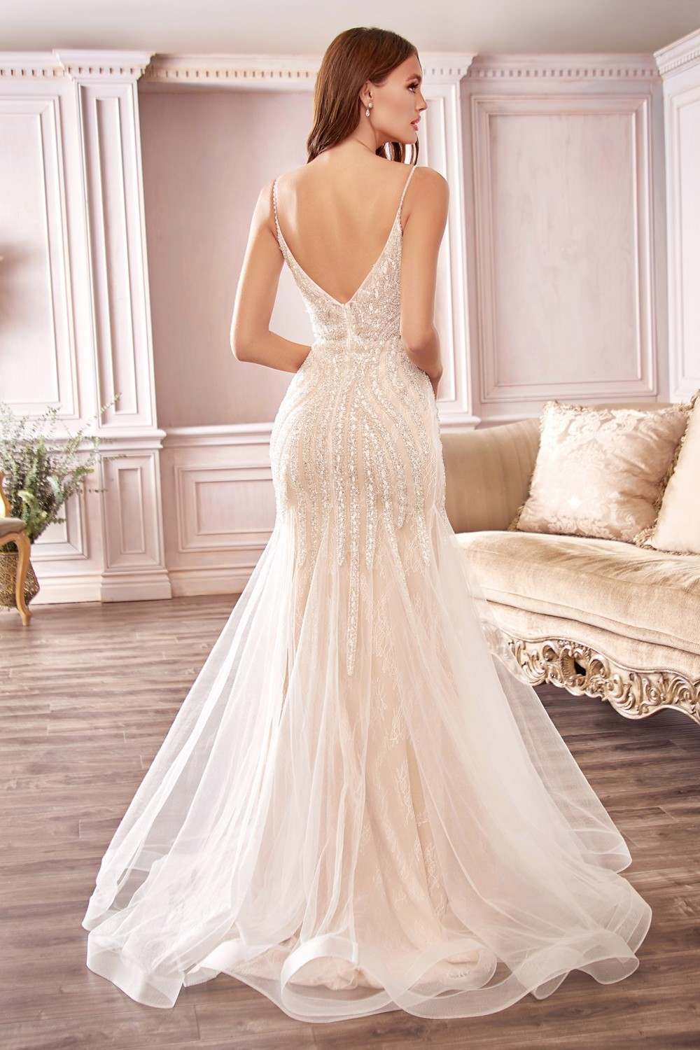 Cinderella Divine CDS401 Beaded V-Neck Mermaid Wedding Dress - Luzilly Bridal & Apparel