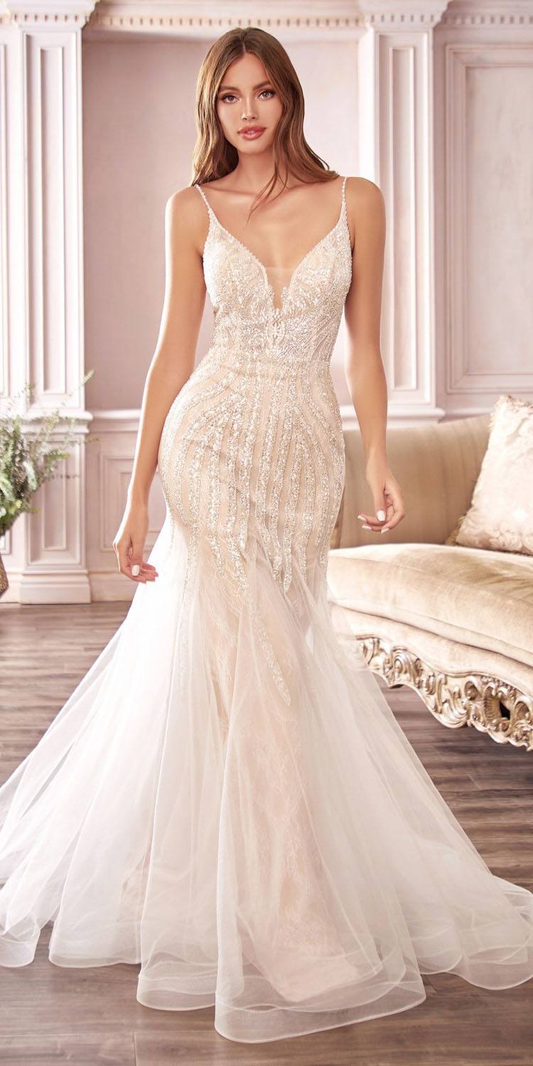 Cinderella Divine CDS401 Beaded V-Neck Mermaid Wedding Dress - Luzilly Bridal & Apparel