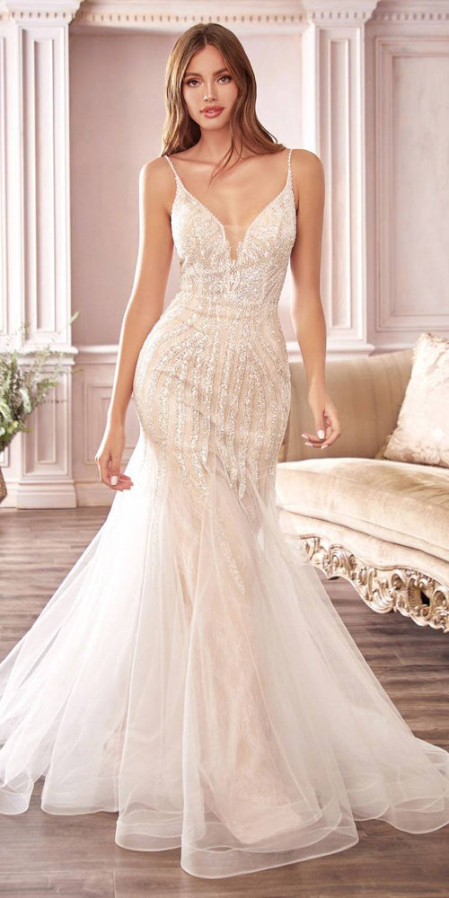 Cinderella Divine CDS401 Beaded V-Neck Mermaid Wedding Dress - Luzilly Bridal & Apparel