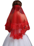 Classic Red Bridal Wedding Simple Long Lace Veil Headpiece for Women - Luzilly Bridal & Apparel