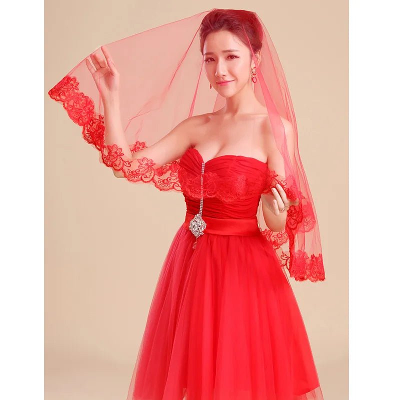 Classic Red Bridal Wedding Simple Long Lace Veil Headpiece for Women - Luzilly Bridal & Apparel