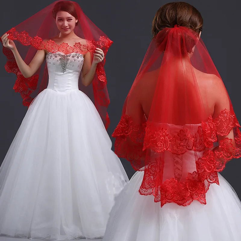 Classic Red Bridal Wedding Simple Long Lace Veil Headpiece for Women - Luzilly Bridal & Apparel