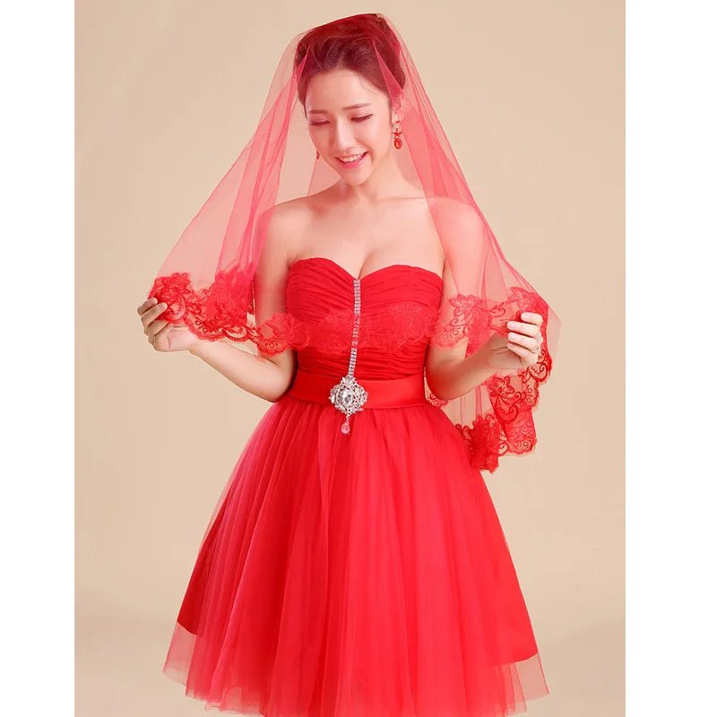 Classic Red Bridal Wedding Simple Long Lace Veil Headpiece for Women - Luzilly Bridal & Apparel