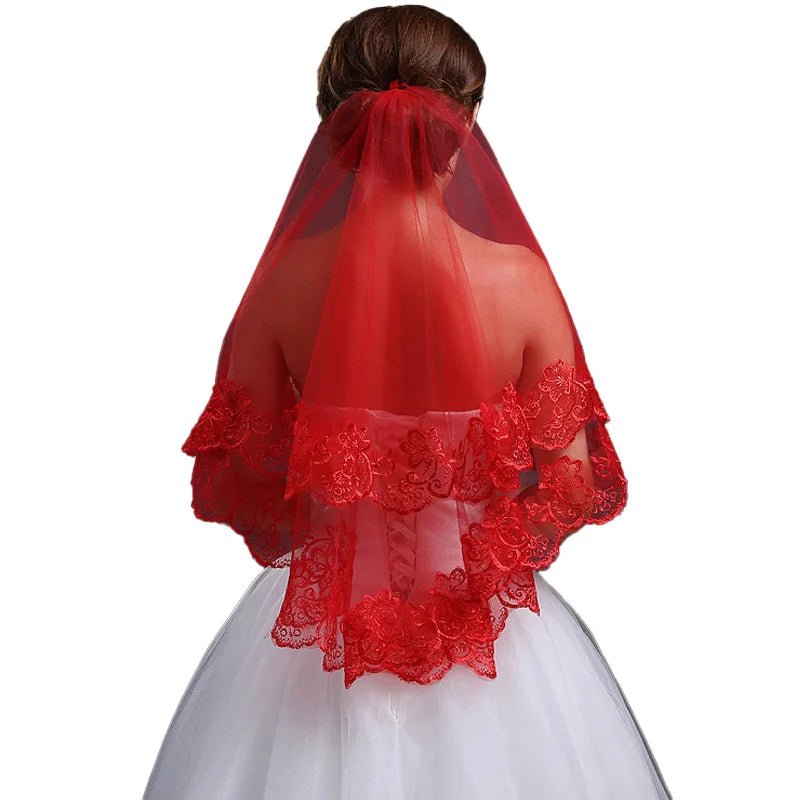 Classic Red Bridal Wedding Simple Long Lace Veil Headpiece for Women - Luzilly Bridal & Apparel