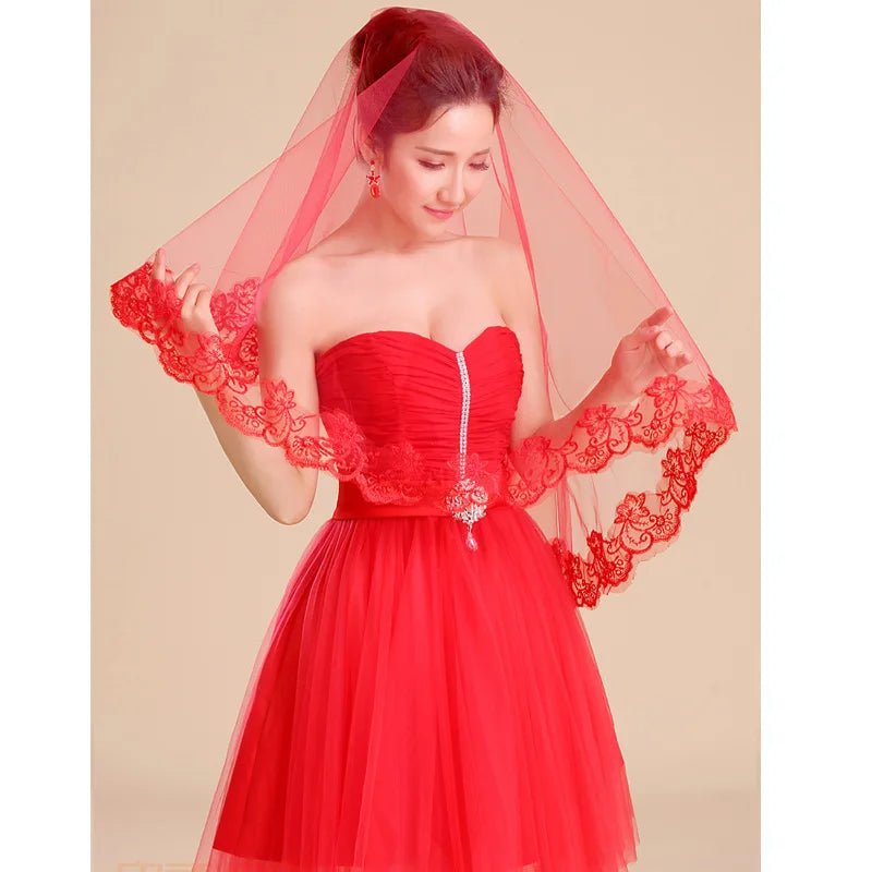 Classic Red Bridal Wedding Simple Long Lace Veil Headpiece for Women - Luzilly Bridal & Apparel