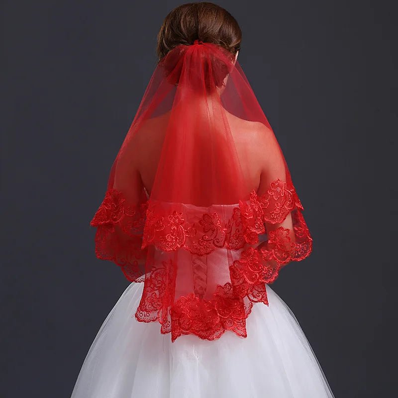 Classic Red Bridal Wedding Simple Long Lace Veil Headpiece for Women - Luzilly Bridal & Apparel