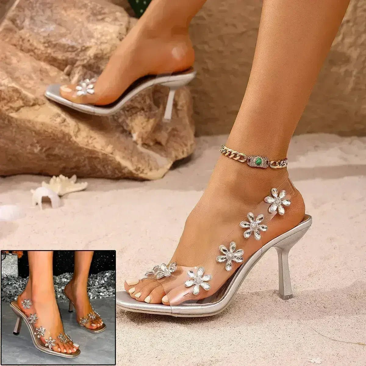 Clear Floral Rhinestone Slingback Heels - Luzilly Bridal & Apparel
