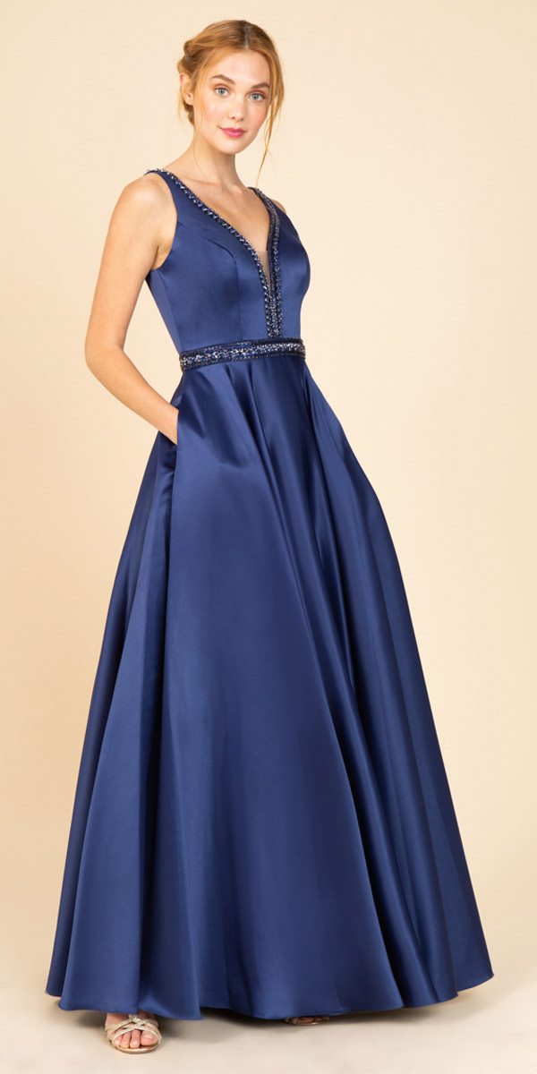 CLEARANCE - Eureka 9010 Embellished Long Prom Dress V-Neck with Pockets (Size L) - Luzilly Bridal & Apparel