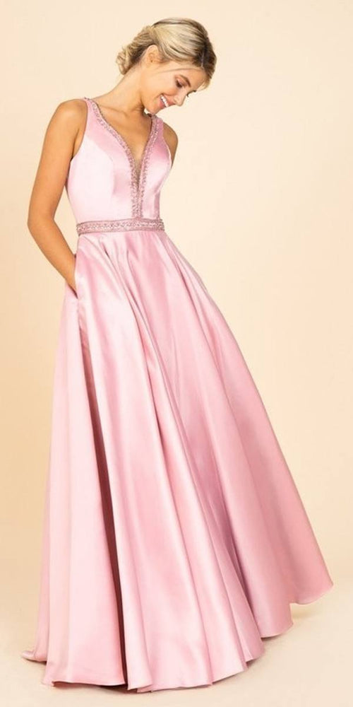 CLEARANCE - Eureka 9010 Embellished Long Prom Dress V-Neck with Pockets (Size L) - Luzilly Bridal & Apparel
