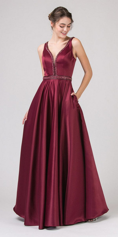 CLEARANCE - Eureka 9010 Embellished Long Prom Dress V-Neck with Pockets (Size L) - Luzilly Bridal & Apparel