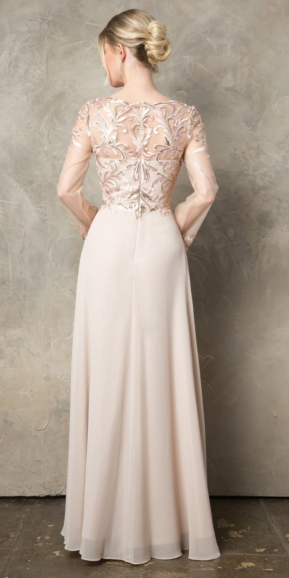CLEARANCE - Juno 960 Long A-Line Mother of the Bride Chiffon Long Sleeve Dress (Size XL) - Luzilly Bridal & Apparel