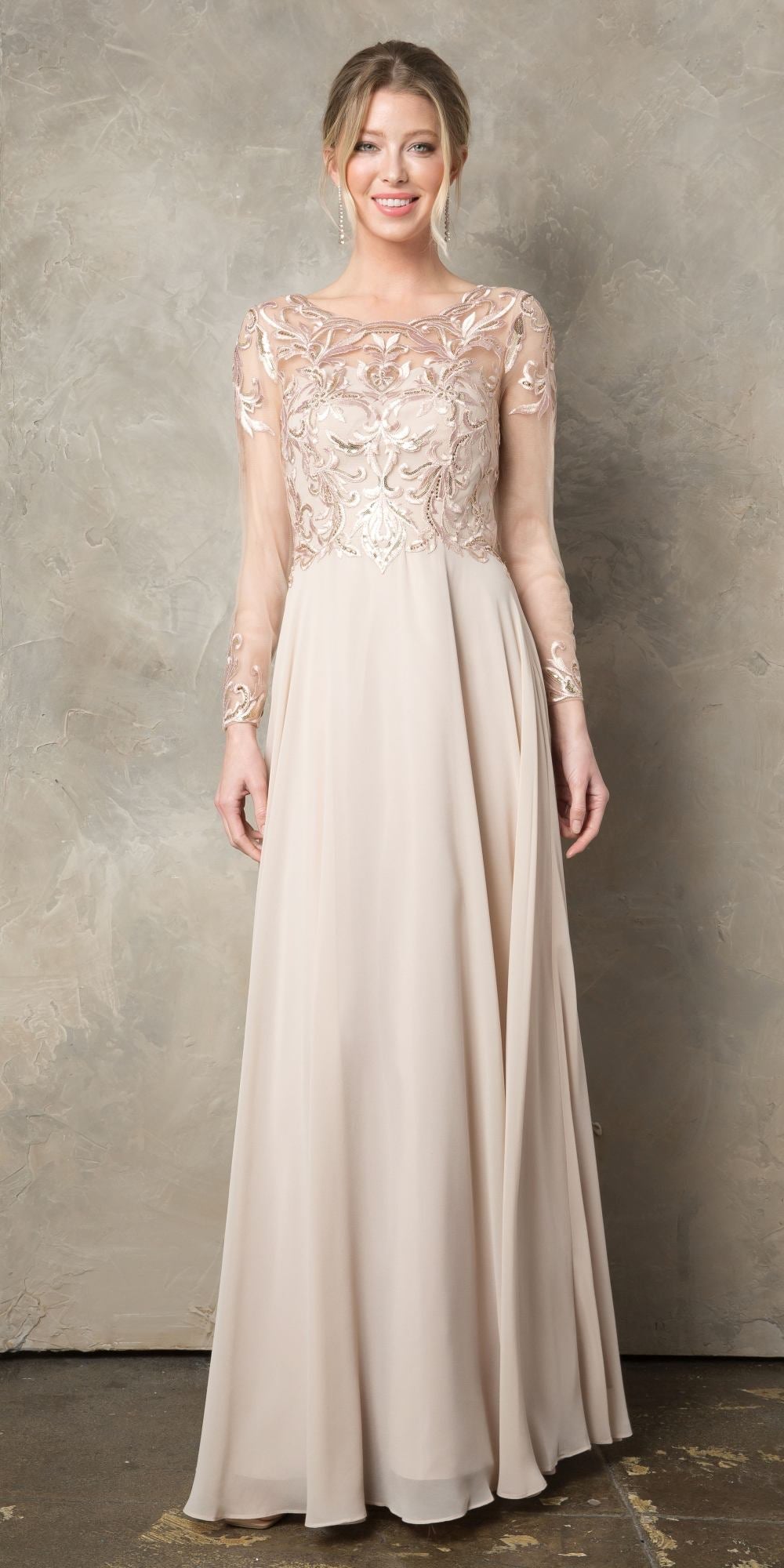 CLEARANCE - Juno 960 Long A-Line Mother of the Bride Chiffon Long Sleeve Dress (Size XL) - Luzilly Bridal & Apparel