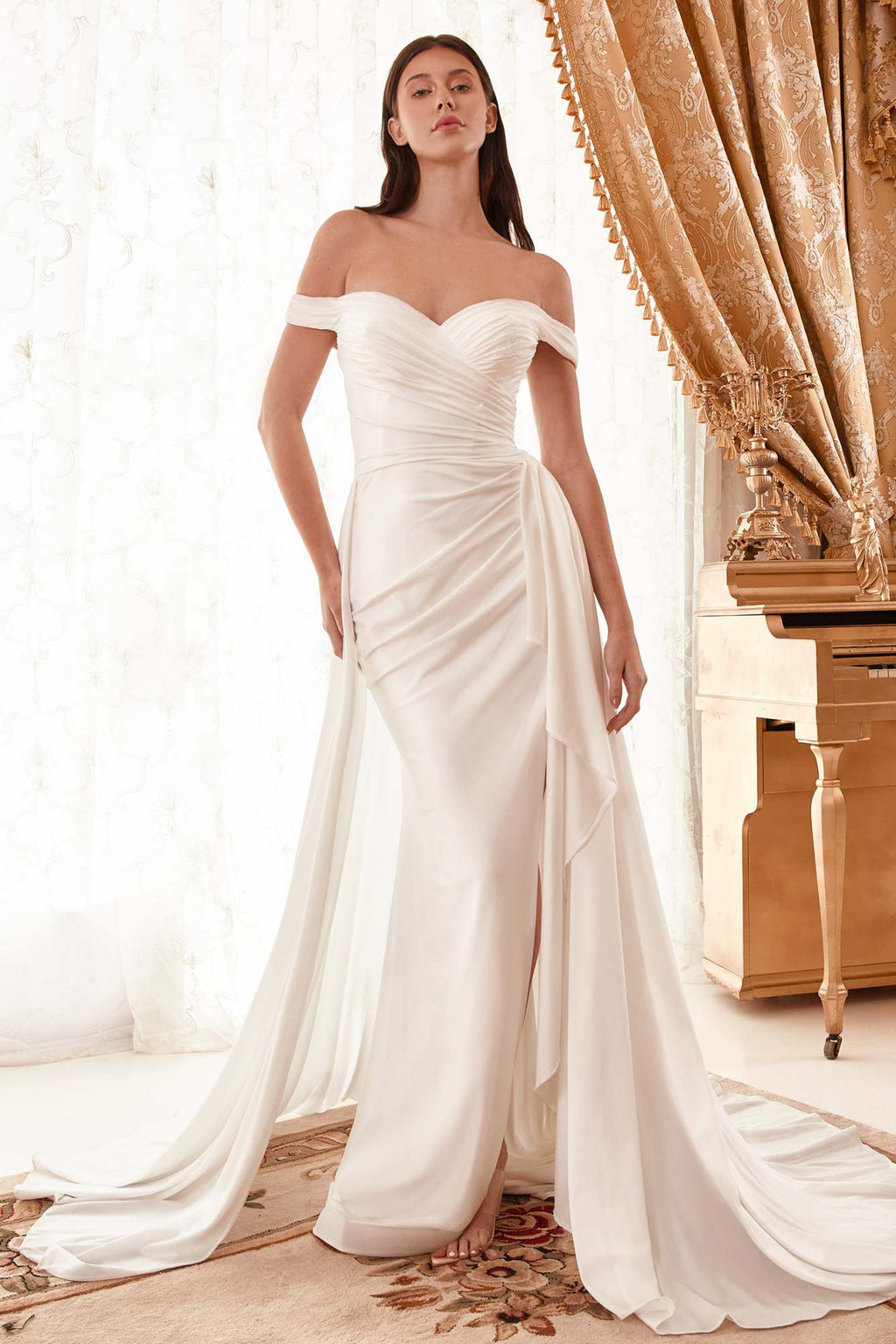 CLEARANCE - Ladivine WN315 Long Draped Off The Shoulder Bridal Gown With Overskirt (Size 10) - Luzilly Bridal & Apparel