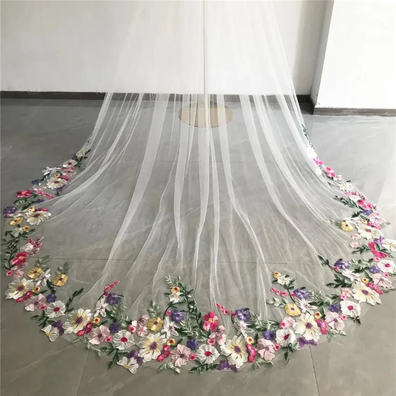 Colorful Floral Cathedral Wedding Bridal Veils With Comb Long Accessories Unique Brides Purple Yellow Pink Flowers Green Leaves - Luzilly Bridal & Apparel