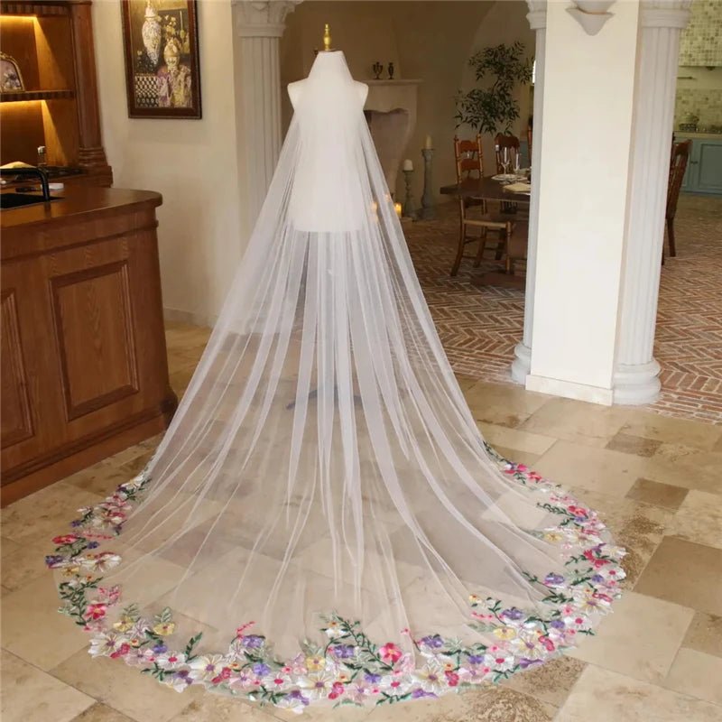 Colorful Floral Cathedral Wedding Bridal Veils With Comb Long Accessories Unique Brides Purple Yellow Pink Flowers Green Leaves - Luzilly Bridal & Apparel