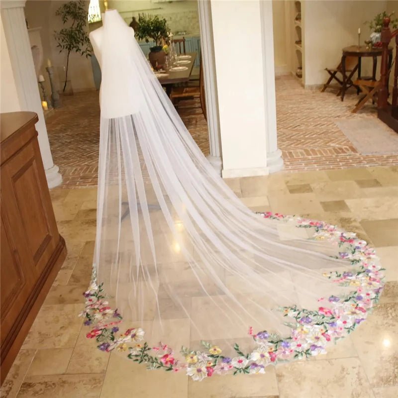 Colorful Floral Cathedral Wedding Bridal Veils With Comb Long Accessories Unique Brides Purple Yellow Pink Flowers Green Leaves - Luzilly Bridal & Apparel