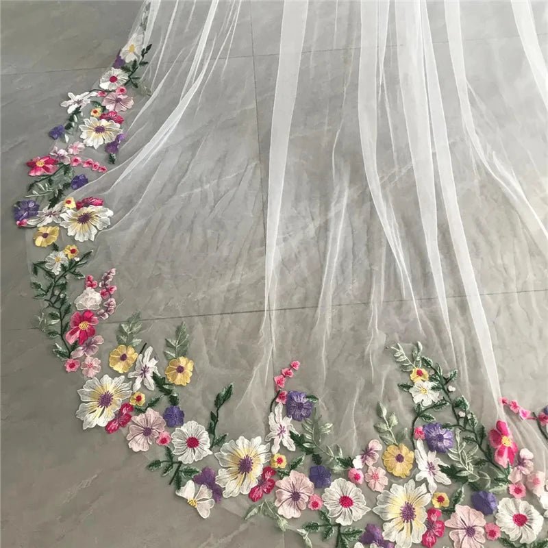 Colorful Floral Cathedral Wedding Bridal Veils With Comb Long Accessories Unique Brides Purple Yellow Pink Flowers Green Leaves - Luzilly Bridal & Apparel