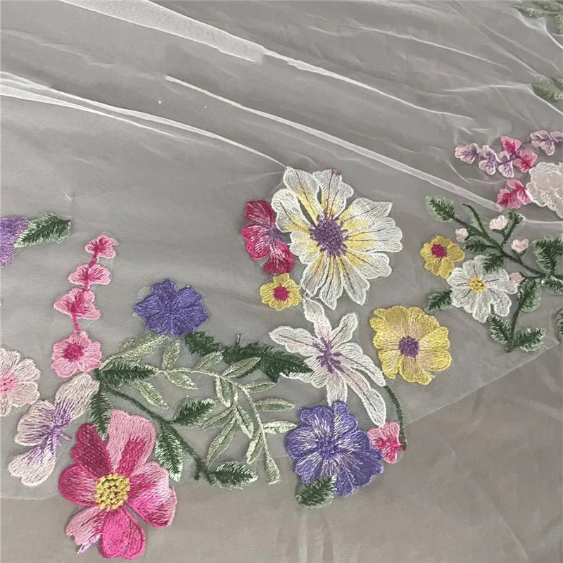 Colorful Floral Cathedral Wedding Bridal Veils With Comb Long Accessories Unique Brides Purple Yellow Pink Flowers Green Leaves - Luzilly Bridal & Apparel