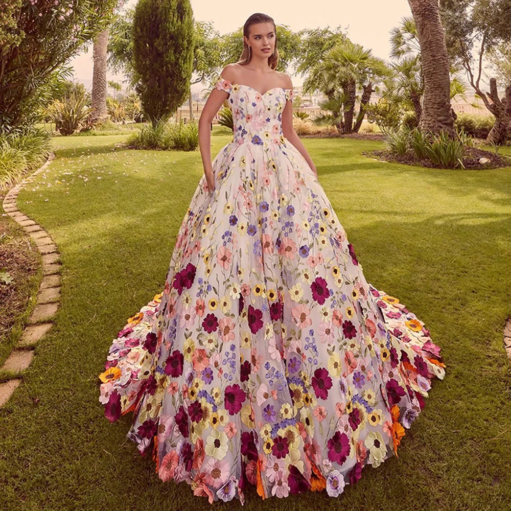 Colorful Flower Wedding Dress Off The Shoulder Sweetheart Customized Embroidery Lace Ball Gown Bridal Dresses Sweep Train - Luzilly Bridal & Apparel