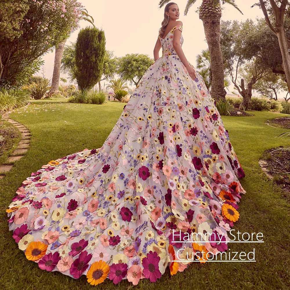 Colorful Flower Wedding Dress Off The Shoulder Sweetheart Customized Embroidery Lace Ball Gown Bridal Dresses Sweep Train - Luzilly Bridal & Apparel