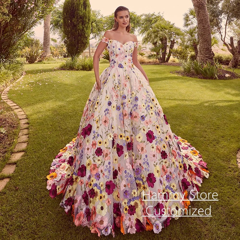 Colorful Flower Wedding Dress Off The Shoulder Sweetheart Customized Embroidery Lace Ball Gown Bridal Dresses Sweep Train - Luzilly Bridal & Apparel