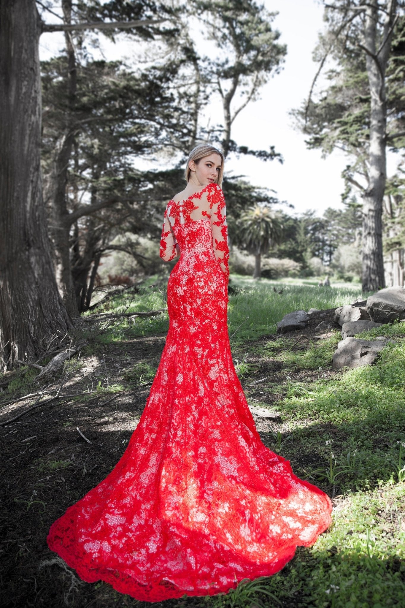 Coronation - Selena Huan Red Lace Long-sleeves Mermaid Gown Lace Colored Wedding Dress - Luzilly Bridal & Apparel