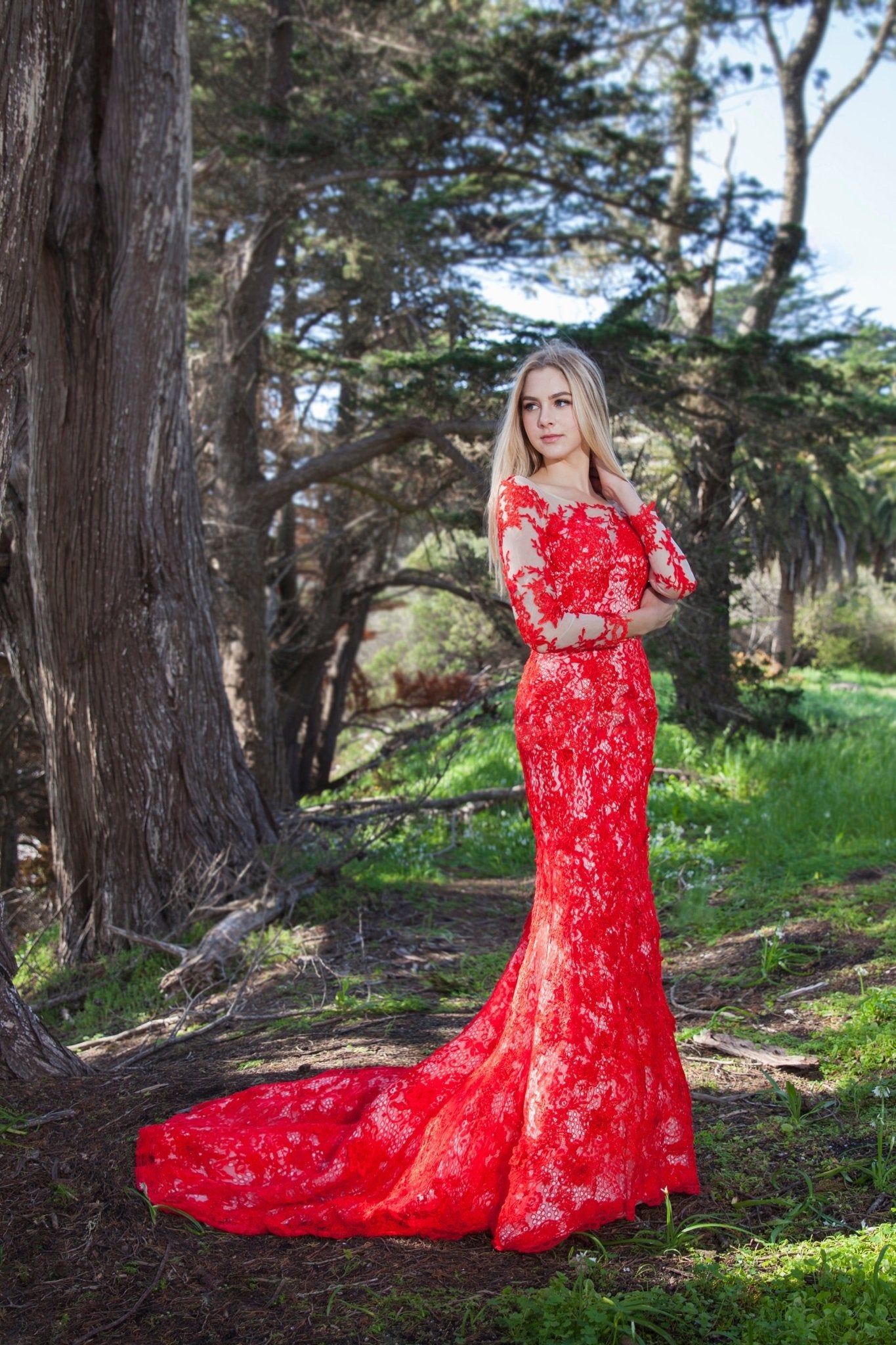 Coronation - Selena Huan Red Lace Long-sleeves Mermaid Gown Lace Colored Wedding Dress - Luzilly Bridal & Apparel