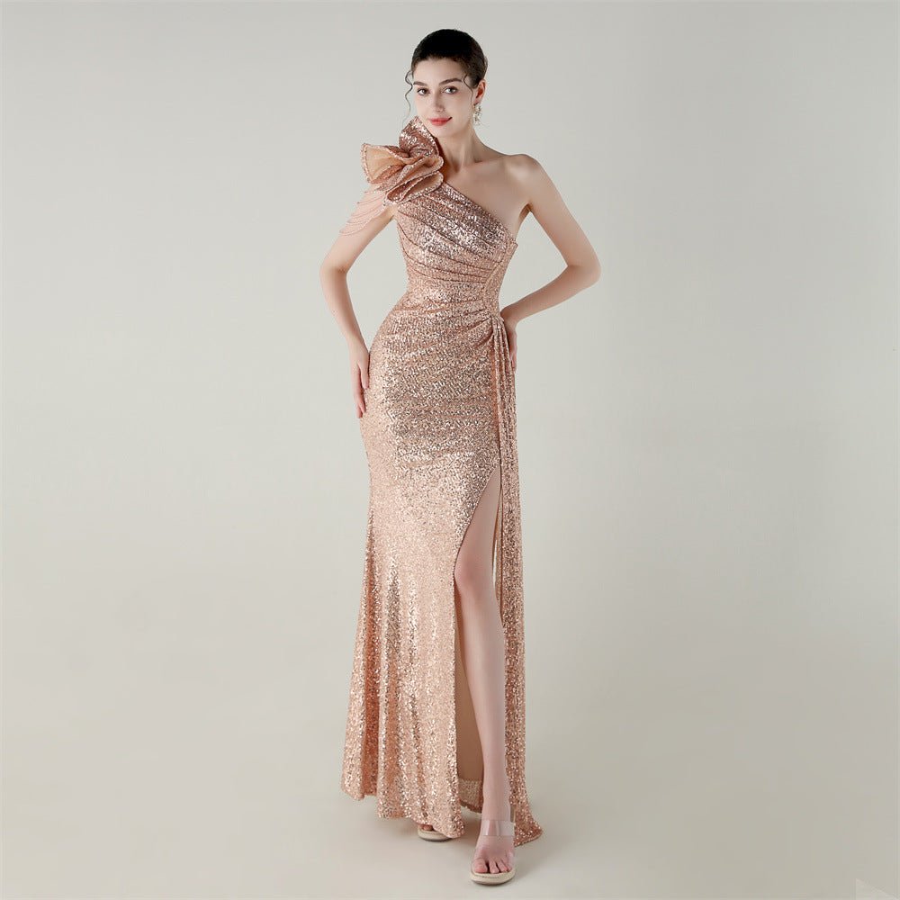 Craft Floral Beaded One Shoulder Diagonal Collar Fishtail Evening Dress Dinner Wedding Awards Ceremony Social Dress - Luzilly Bridal & Apparel