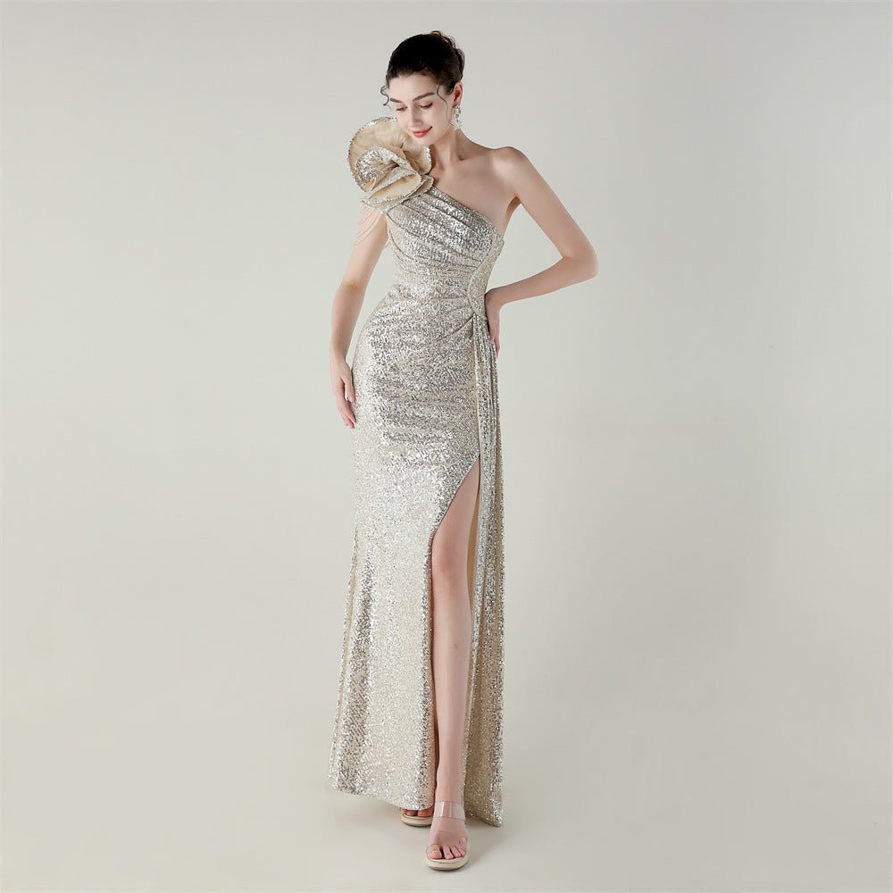 Craft Floral Beaded One Shoulder Diagonal Collar Fishtail Evening Dress Dinner Wedding Awards Ceremony Social Dress - Luzilly Bridal & Apparel